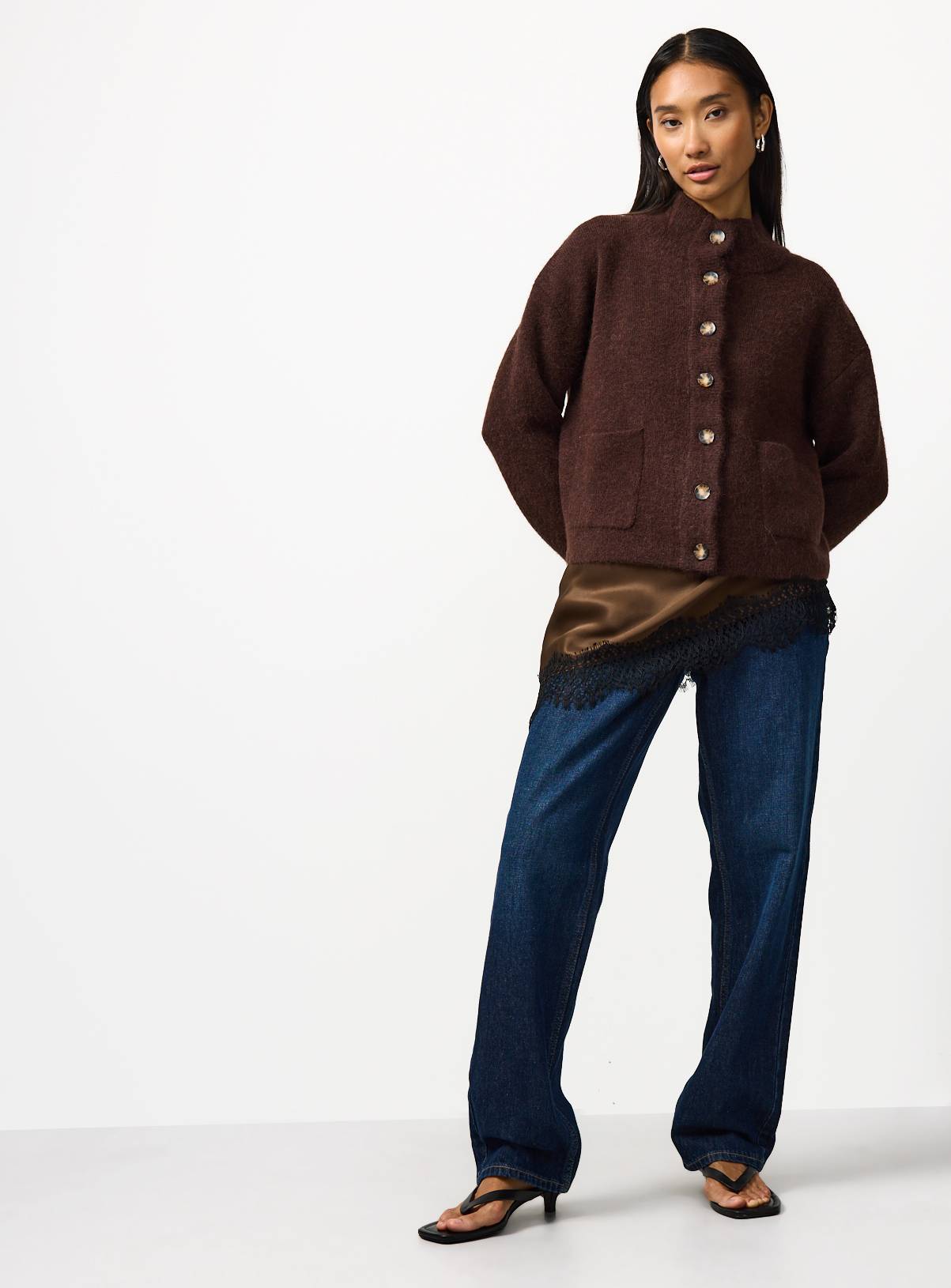 Brown Alpaca Blend Funnel Neck Cardigan L - Image 2